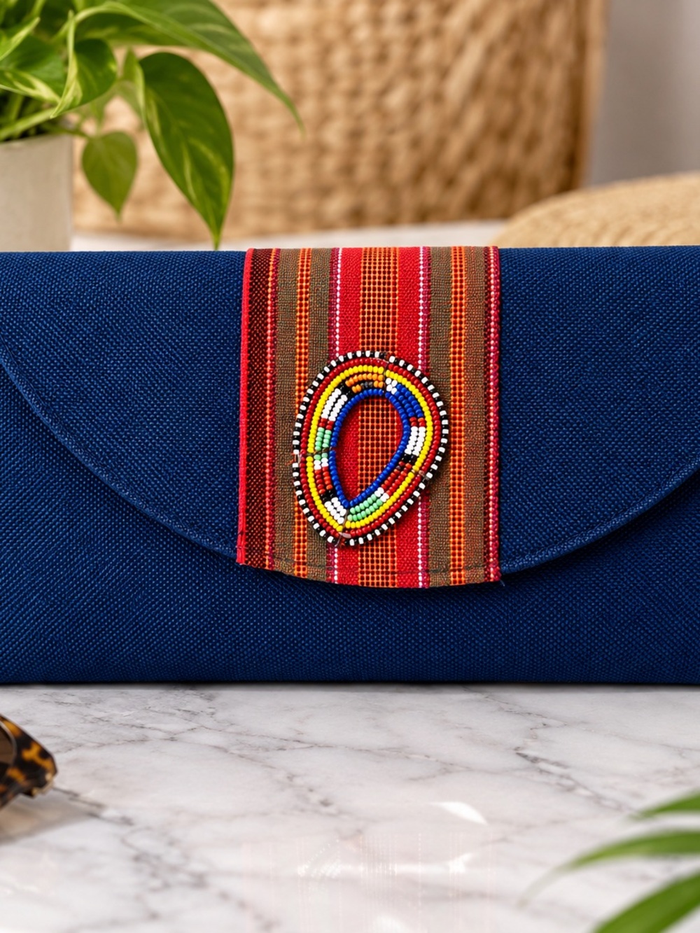 Navy Blue Beaded Envelope Clutch Boho Multicolor Woven Statement Bag